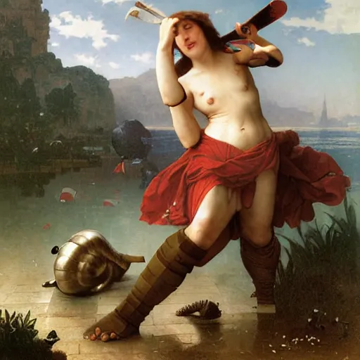 Image similar to A giant snail attacking a knight, oil on canvas, fantasy, highly detailed, epic, by William-Adolphe Bouguereau