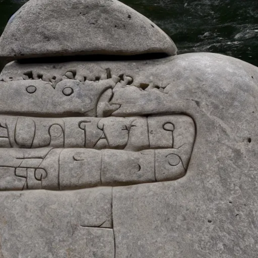 Image similar to detailed footage of european writing in stone in a river, photographic journalism, realistic, european river, carvings of drought and famine