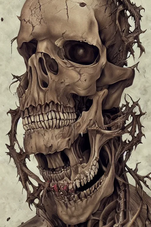 Image similar to Haunting horrifying detailed painting of a man fusing with a skeleton and fleshy growths on his face, sharp teeth and dead eyes without iris, hyper detailed, trending on Artstation