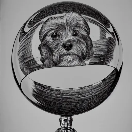 Image similar to self portrait of a havanese dog reflecting into a chrome sphere, pen on paper, by mc escher