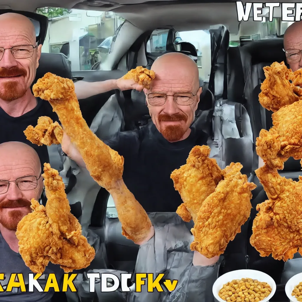 Image similar to photo of walter white sitting in a car, surprised soyjak face, surrounded by fried chicken, mukbang video, youtube video, soyface!!!, hd