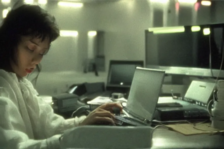 Image similar to alien using a computer to check her email submerged in translucent goo, over the shoulder perspective, in 1 9 8 5, y 2 k cybercore, industrial low - light photography, still from a kiyoshi kurosawa movie