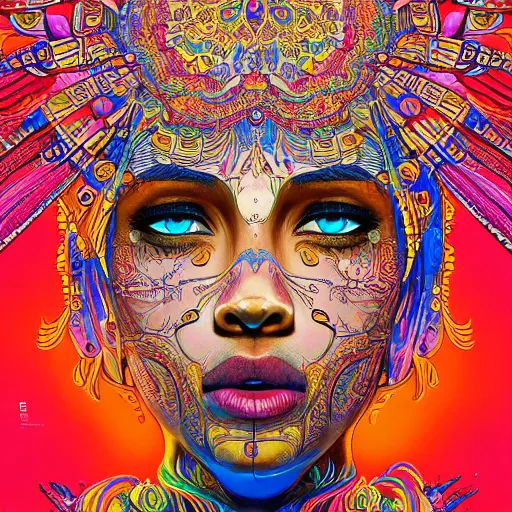 Image similar to the face of a ridiculously beautiful and pretty indian woman partially made of onion rings of all colors looking up, an ultrafine detailed illustration by james jean, final fantasy, intricate linework, bright colors, behance contest winner, vanitas, angular, altermodern, unreal engine 5 highly rendered, global illumination, radiant light, detailed and intricate environment