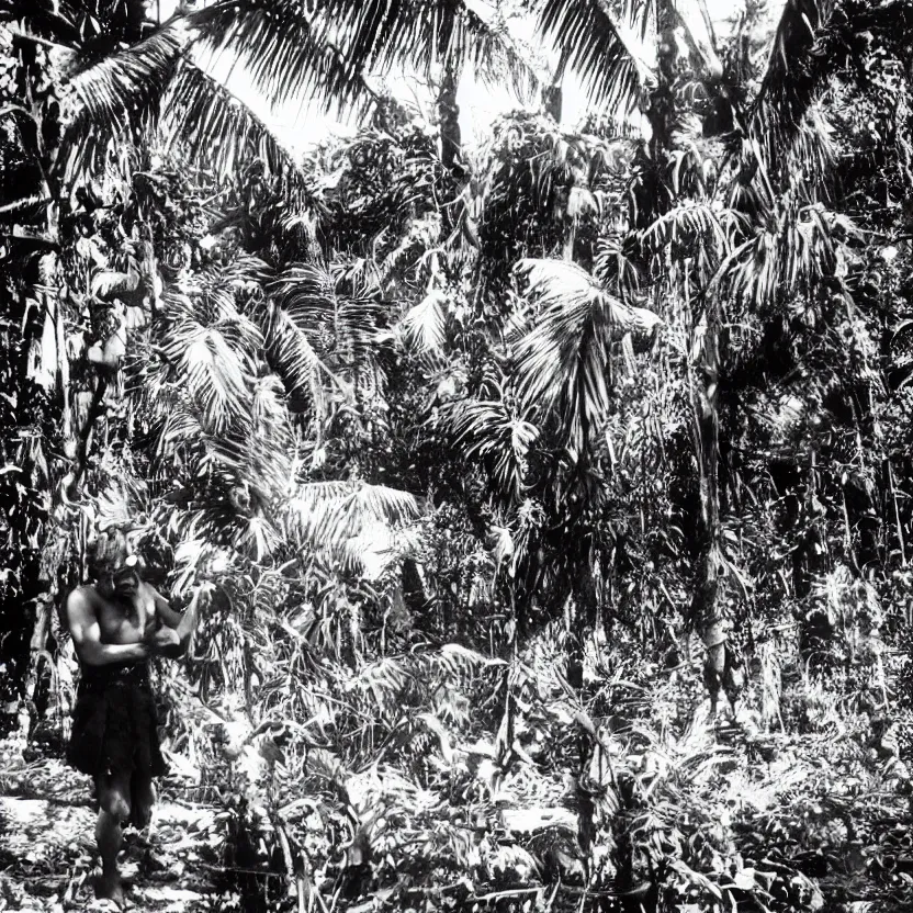 Image similar to a rizom lost film footage of a sacred ( ( ( ( ( ( ( indigenous ) ) ) ) ) ) ) artifact in the middle of the ( ( ( ( ( ( ( ( ( ( tropical jungle ) ) ) ) ) ) ) ) ) ) / ethnographic object / film still / cinematic / enhanced / 1 9 0 0 s / black and white / grain