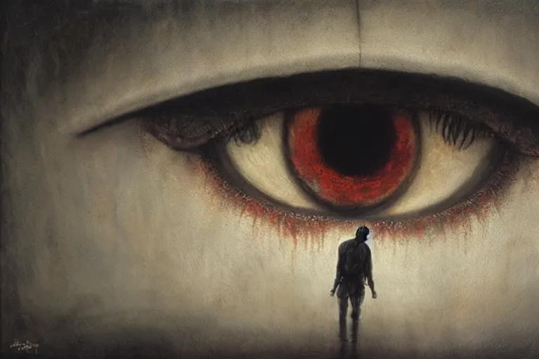 Image similar to standing at the eye of a giant being, silent hill, psychological horror, oil painting, atmospheric, eyes