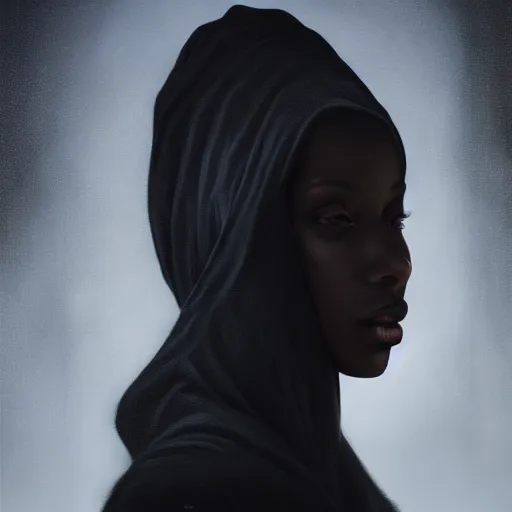 Prompt: a portrait of a young black woman wearing a long dark cloak, hood and shadows covering face, anatomically correct, beautiful perfect face, enigmatic, oil painting, matte painting, black background, Volumetric dynamic lighting, Highly Detailed, Cinematic Lighting, Unreal Engine, 8k, HD, by Beksinski