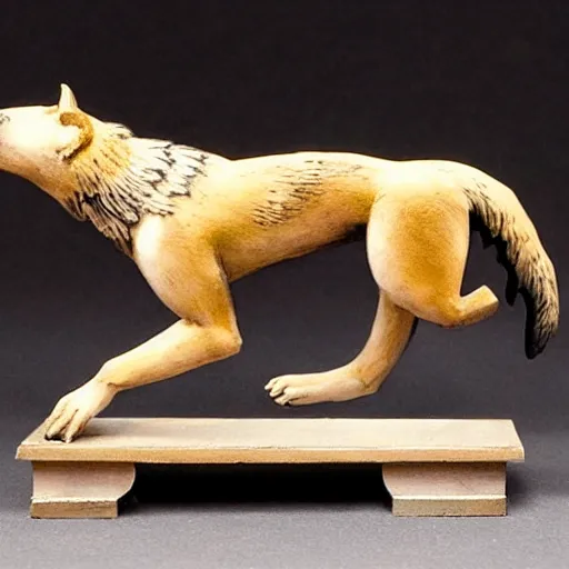 Prompt: 19th century automata depicting a wolf chasing a fox