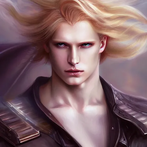 Prompt: digital art of a pale menacing male Cyborg Angel of Battle with long blond curls of hair and piercing eyes, johan liebert mixed with Dante, central composition, he commands the fiery power of resonance and wrath, very very long blond curly hair with bangs!!!, baroque curls, by Ross Tran Rossdraws and WLOP, Artstation, CGsociety