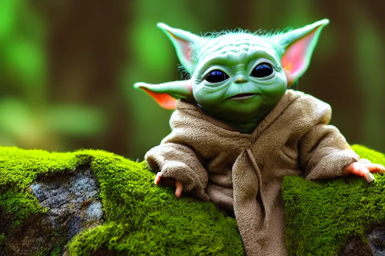 Prompt: an extremely cute (baby yoda Grogu) sits on a moss and lichen covered rock, he burps up colorful butterflies, surprising, funny, self deprecating, movie still frame, promotional image, imax 70 mm footage
