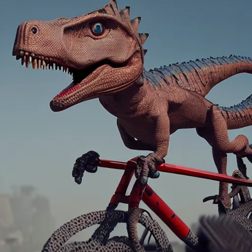 Image similar to Octane render of a silly dinosaur riding a bike outside, 8k, very intricate, very detailed,