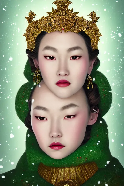 Image similar to a beautiful empress portrait, with a brilliant, impossible striking big Christmas headpiece, clothes Santa robes, everything Christmas, snow, symmetrical, dramatic studio lighting, rococo, baroque, greens, asian, hyperrealism, closeup, D&D, fantasy, intricate, elegant, highly detailed, digital painting, artstation, octane render, 8k, concept art, matte, sharp focus, illustration, art by Artgerm and Greg Rutkowski and Alphonse Mucha