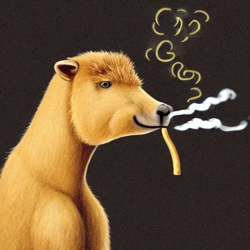 Image similar to a high detail photo of an antropomorphic capybara wearing a suit smoking a cigarrette, subject= duck, subject detail: wearing a suit, subject action: smoking a cigarrette photorealism