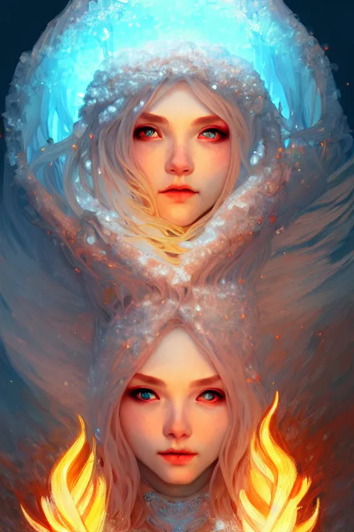 Prompt: beautiful ancient frost witch, fire i eye, snow glow, pool party, highly detailed, digital painting, artstation, sharp focus, illustration, art by tan zi and ayanamikodon and alphonse mucha and wlop