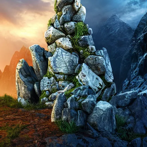 Image similar to a closeup photorealistic photograph of a rock tower with some leaves, in an icy place, fantastic four theme.. bright scene. fine detail. this 4 k hd image is trending on artstation, featured on behance, well - rendered, extra crisp, features intricate detail, epic composition and the style of unreal engine.