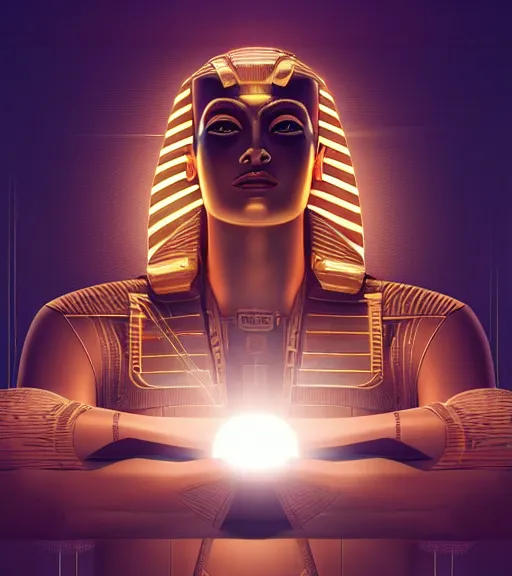 Prompt: symmetry!! egyptian god of technology, solid cube of light, hard edges, product render retro - futuristic poster scifi, lasers and neon circuits, brown skin egyptian god, intricate, elegant, highly detailed, digital painting, artstation, concept art, smooth, sharp focus, illustration, dreamlike, art by artgerm