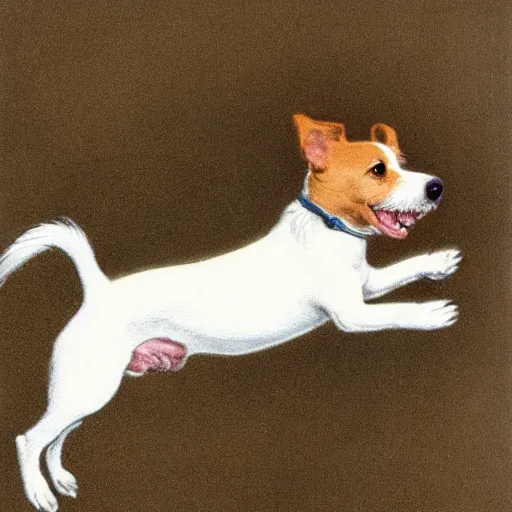 Image similar to portrait of a happy jack russel terrier jumping, closeup, illustrated by peggy fortnum and beatrix potter and sir john tenniel