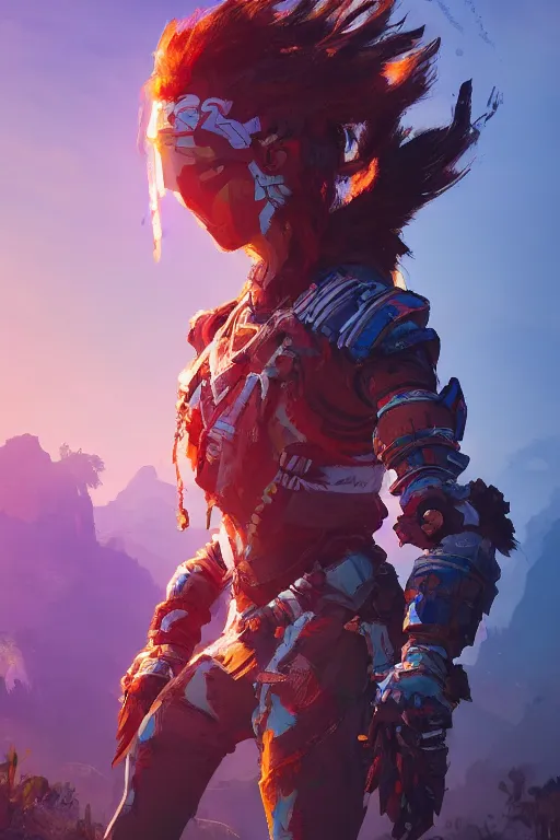 Image similar to combination suit armor aloy horizon forbidden west horizon zero dawn radiating a glowing aura global illumination ray tracing hdr fanart arstation by ian pesty and alena aenami artworks in 4 k tribal robot ninja mask helmet backpack