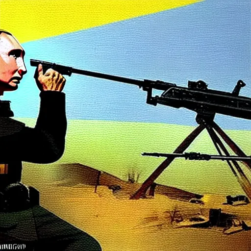 Image similar to Putin is sitting in the trenches and defending himself from Ukrainian troops, Retro futuristic painting style