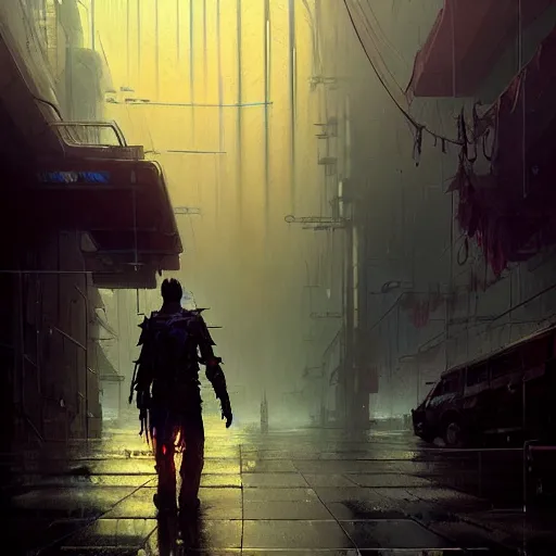 Prompt: an exhausted warrior wandering through a lost cyberpunk city from left to right, rainy day, radiant light, digital painting, art station, by les edwards, by greg rutkowski