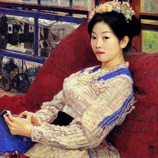 Image similar to portrait of asian beautiful woman watching smartphone masterpiece painting by vasnetsov and surikov, JEAN-VICTOR BERTIN, by Terence Cuneo, detailed, artfully traced, 4k resolution, cinematic