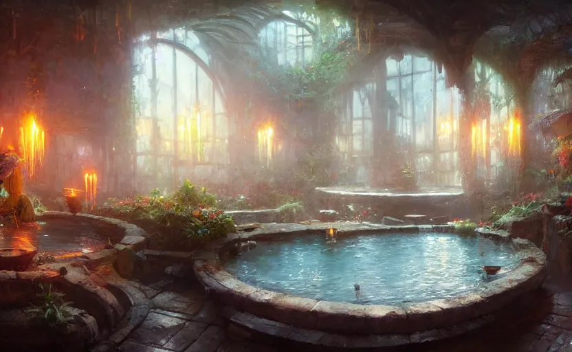 Image similar to painting of an interior of a hot spring with candles, fantasy, lush plants and flowers, natural light, concept art, by greg rutkowski and craig mullins, cozy atmospheric and cinematic lighting, trending on artstation