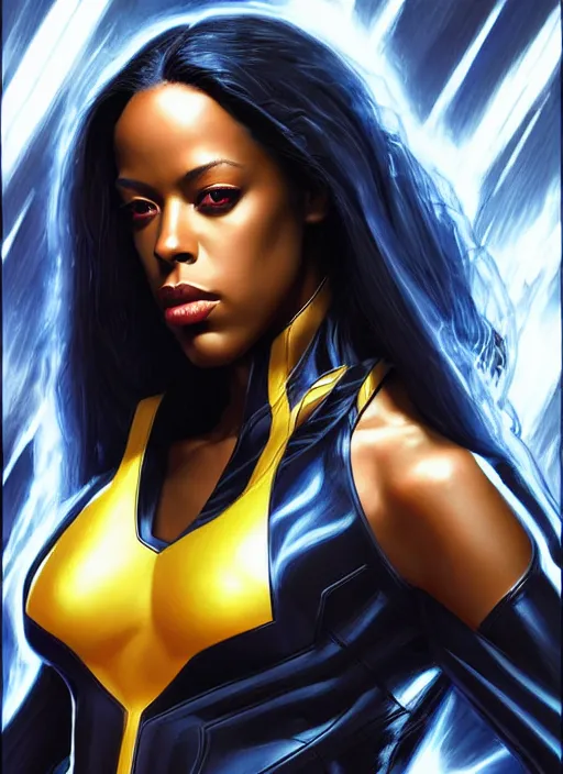 Prompt: full body portrait of marvel cinematic universe aaliyah haughton, x - men, storm, elegant, electricity archs, lightning strikes, rippling electromagnetic, highly detailed!! digital painting, artstation, glamor pose, concept art, sharp focus, illustration, art by artgerm and greg rutkowski, artey freytag