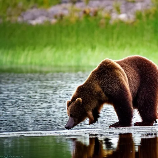 Prompt: a brown bears sees it's reflection in the lake ( eos 5 ds r, iso 1 0 0, f / 8, 1 / 1 2 5, 8 4 mm, postprocessed, crisp bokeh )