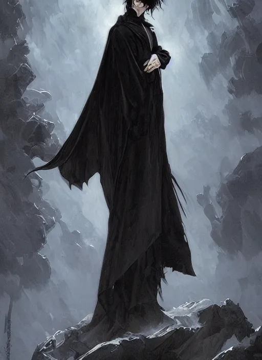 Image similar to goth tall man with wind swept black hair wearing a long flowing black cape , intricate, elegant, highly detailed, digital painting, artstation, concept art, smooth, sharp focus, illustration, art by artgerm and greg rutkowski and alphonse mucha and francisco goya