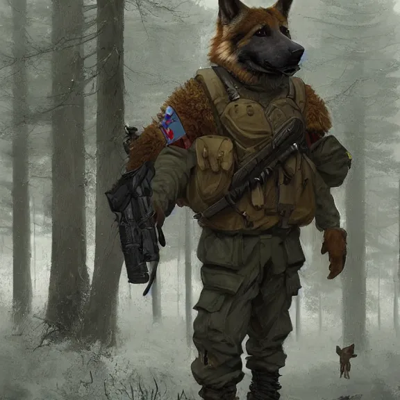 Image similar to Norwegian forest war action portrait of furry anthro anthropomorphic german shepard head animal person fursona wearing clothes modern soldier tactical digital art by Greg Rutkowski, Simon Stalenhag, trending on Artstation, CGSociety