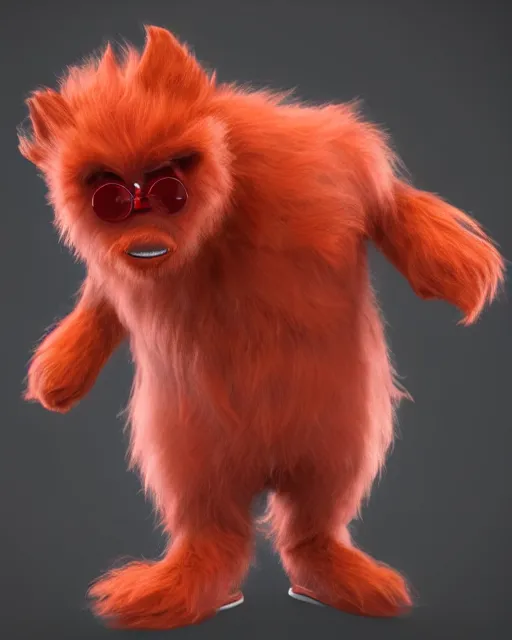 Image similar to 3 d render of completely red hairy friendly antropomorphic cartoony creature wearing chrome shades, full body, simple, cute, white background, unreal engine 5 hdr