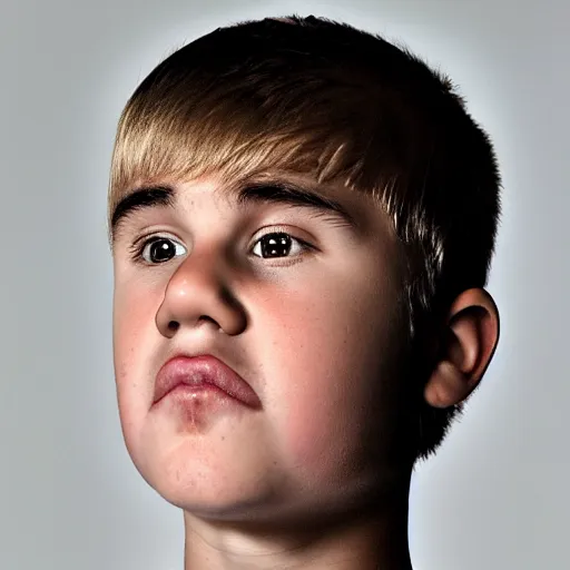 Image similar to close - up portrait photo of justin bieber with down's syndrome, symmetric studio portrait