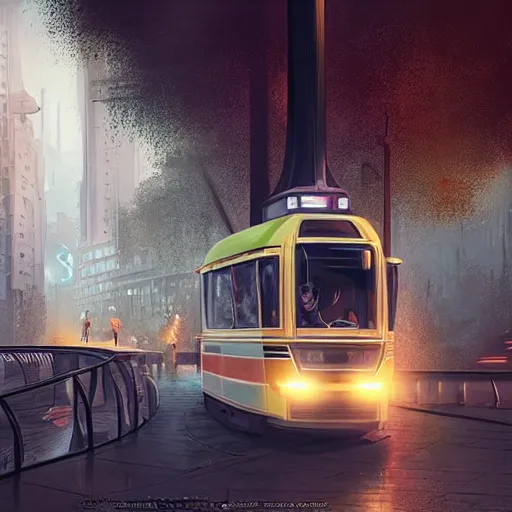 Prompt: a retro futuristic tram driving trough futuristic zurich, long shot, lumnious, magical, atmospheric, urban concept art, backlighting, by greg rutkowski *, martin mottet, maya takamura, and william turner