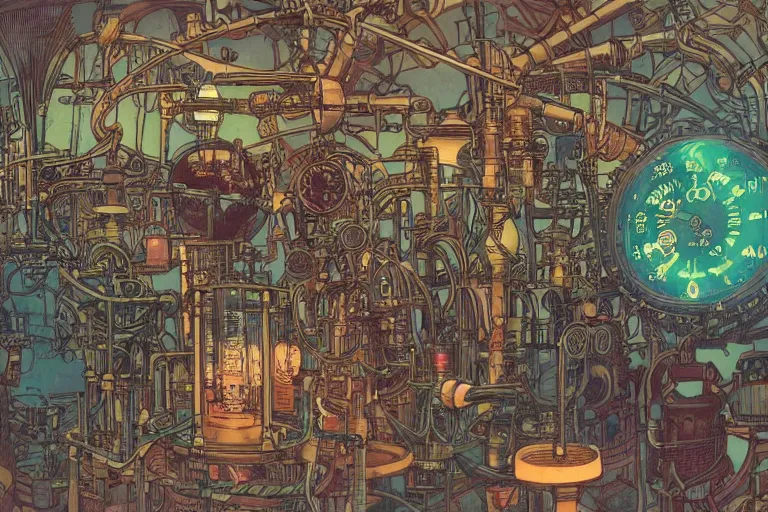 Image similar to close up view on steampunk lab with big vapor tubes and alchemy equipment, mad scientist working, giant video screens, sci - fi vending machine, clock, retrofuturism, concept art by mucha and moebius and victo ngai, clean line, diesel punk