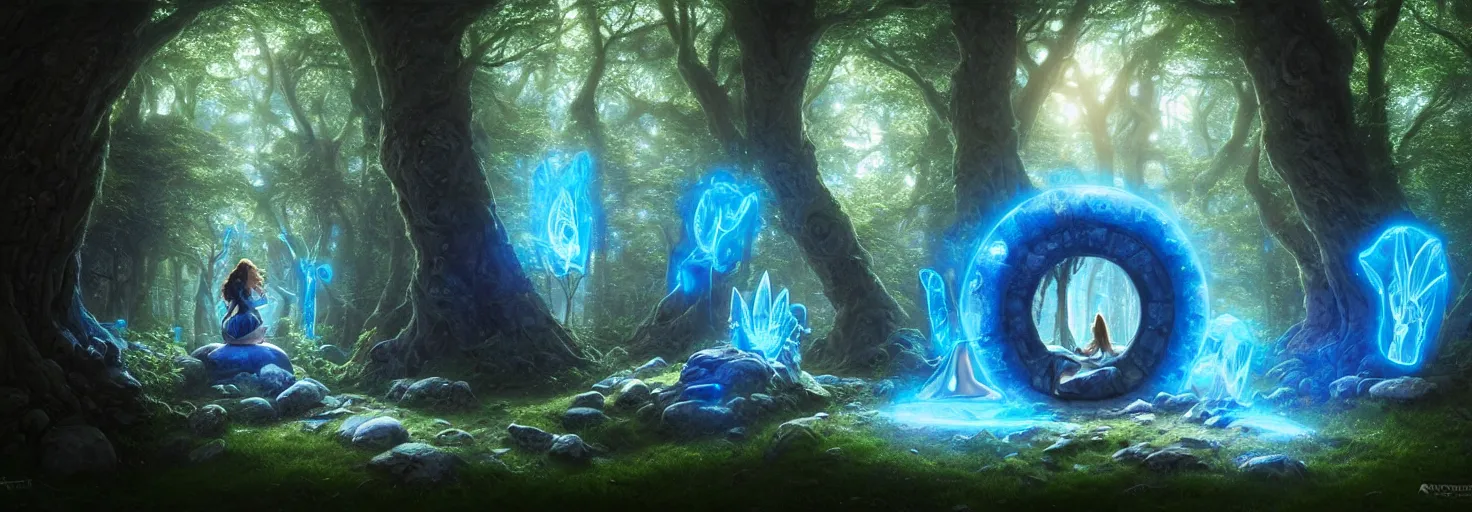 Image similar to Fantasy Magical fairy-tale glowing blue stone portal in the forest. Round stone portal teleport in trees to other worlds. Fantastic landscape. Magic Altar in the fores, highly detailed, digital painting, artstation, concept art, smooth, sharp focus, illustration, art by artgerm and greg rutkowski and alphonse mucha