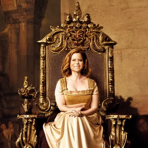 Prompt: Jenna Fischer in Roman queen clothes, sitting on throne, holding court, Rembrandt