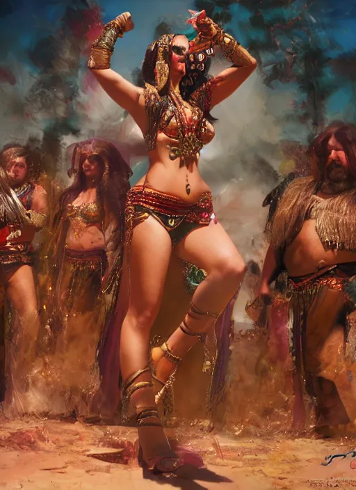 Prompt: hyper realistic photography of bellydancer festival warrior curvy partygirl cinematic, vallejo, julie bell, craig mullins greg rutkowski, rowena morrill, juan gimenez