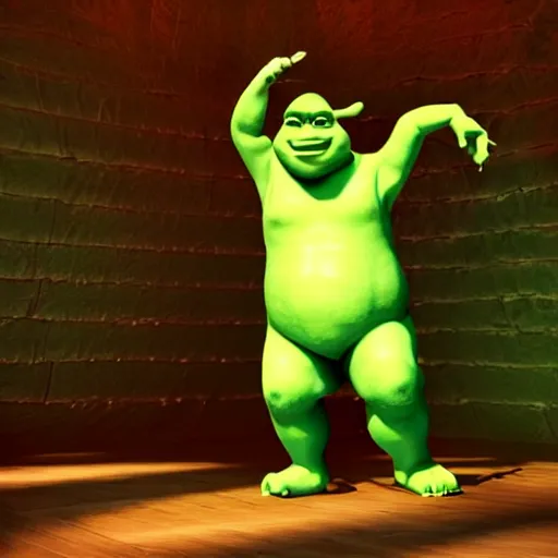 Prompt: Drunken Shrek dancing macarena in a disco, 3d render, blurry background, high quality, 8k, shadows, light, octane render