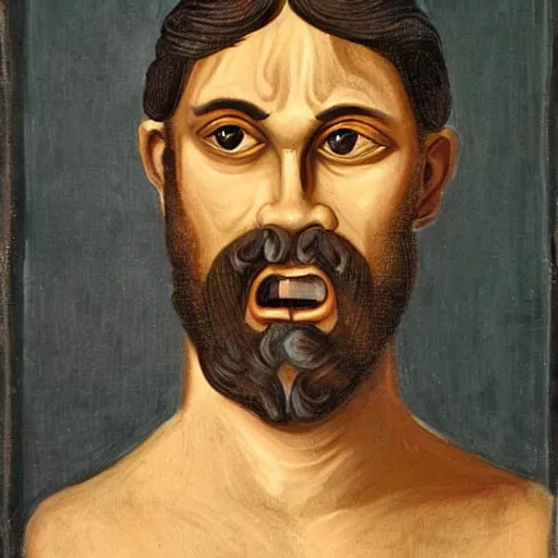 Prompt: portrait of mindless ancient greek man with big eyes and sharp nose and open mouth. fine detail. artistic painting by lurid