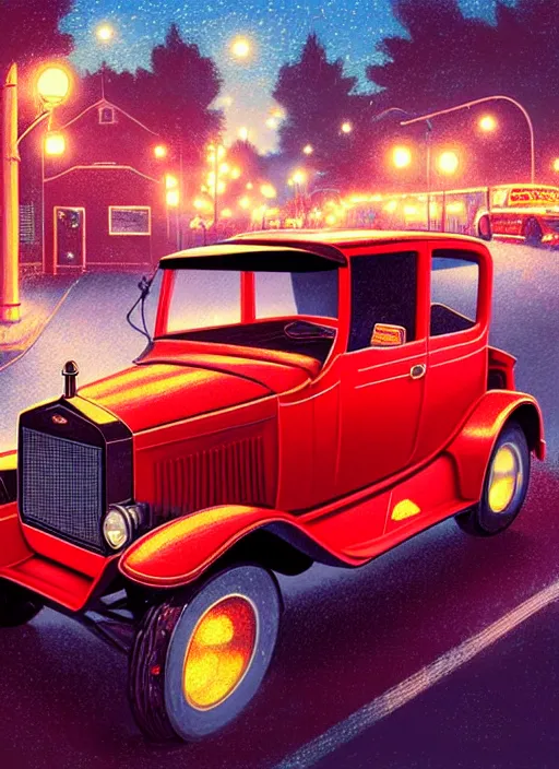 Image similar to teenage archie andrews, in a red ford model t, intricate, elegant, glowing lights, highly detailed, digital painting, artstation, sharp focus, illustration, art by wlop, mars ravelo and greg rutkowski