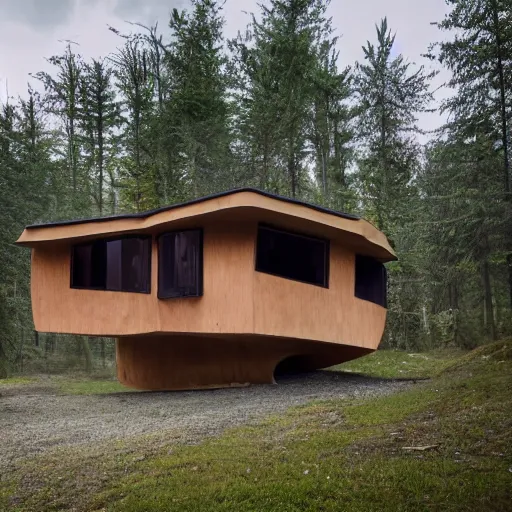 Image similar to a house made of a long hair. The house is made of 3 mammalian abdomens. The fur house sits in a lake on the edge of a forest. A family is living inside the fur house and it is furnished with contemporary furniture and art. ultra wide shot, Coronarender, 8k, photorealistic