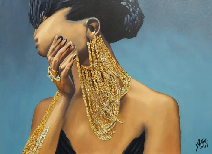 Image similar to painting of a female wearing hundreds of gold and platinum rings, by alex petruk