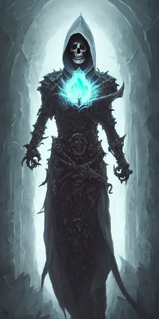 Image similar to necromancer with a skull face, full body shot, hood, d & d, dark, fantasy, dynamic pose, ethereal background, intricate, elegant, highly detailed, digital painting, artstation, concept art, matte, sharp focus, illustration, hearthstone, art by artgerm and greg rutkowski and alphonse mucha