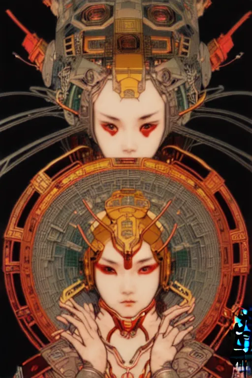 Image similar to akira from chinese mythology, hi - tech luciferian synthetic, gorgeous and huge head ornaments, dystopian, cyberpunk, mecha, cinematic dramatic light, ominous, intricate, studio, art by alphonse mucha, concept art, 4 k, sharp focus