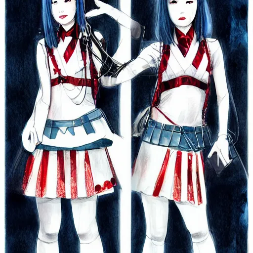 Image similar to a perfect, realistic sci-fi professional digital concept sketch of two Japanese schoolgirls posing, in style of Marvel, full length, by pen and watercolor, by a professional American senior artist on ArtStation, a high-quality hollywood-style sketch, on high-quality paper