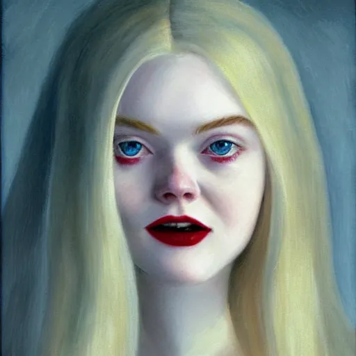 Prompt: Painting of Elle Fanning as a vampire in the snow, long blonde hair, delicate, pale milky white porcelain skin, by Edward Hopper. 8K. Extremely detailed.