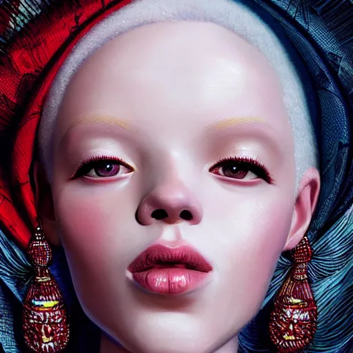 Image similar to A masterpiece portrait of a Incredibly beautiful albino African albino girl albino model.Sharpen With big bright African jewelry. In wonderful African clothes. Vogue. trending on artstation, digital art, by Stanley Artgerm Lau, WLOP, Rossdraws, James Jean, Andrei Riabovitchev, Marc Simonetti, Yoshitaka Amano