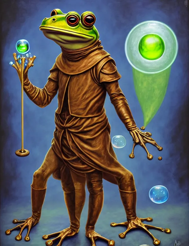 Image similar to anthropomorphic bipedal frog that is dressed as a renaissance fighter, as a matte oil painting and d & d character art, by alex grey, standing, fullbody, floating bubbles, mystic, fog, fractals, spirals, concept art, award - winning, extremely detailed, sharp focus