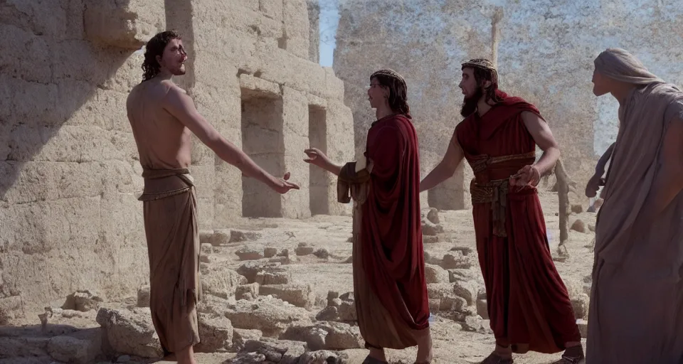 Image similar to award winning cinematic still of 26 year old male in ancient Canaanite clothing meeting 18 year old female in ancient Canaanite clothing, dramatic lighting, establishing shot, high detail, Biblical epic directed by Wes Anderson, HD, wallpaper,