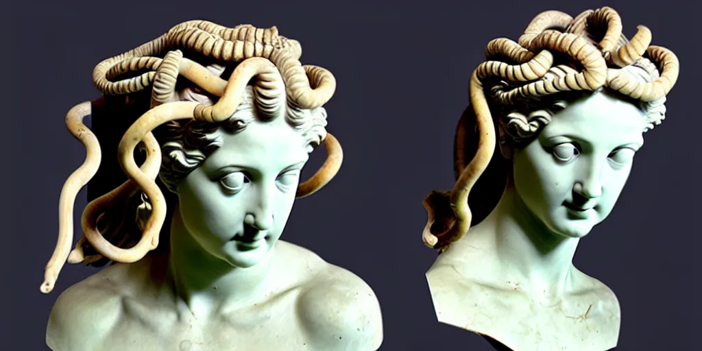 Image similar to greek sculpture, bust, young woman as medusa, with a wig made from snakes