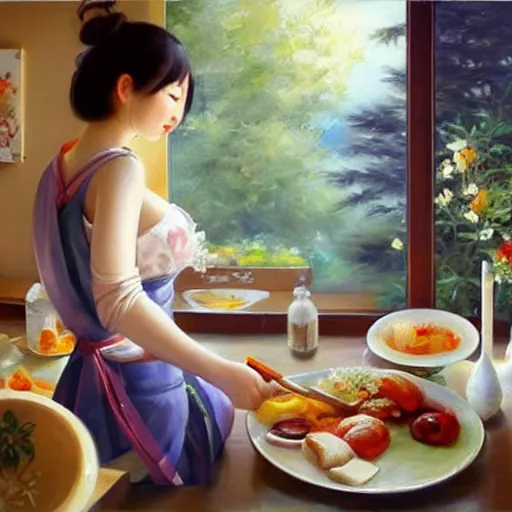 Image similar to beautiful Japanese wife making breakfast, painting by Vladimir Volegov